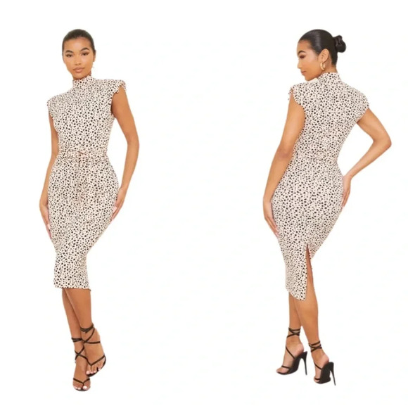 PrettyLittleThing Nude Dalmatian Shoulder Pad Tie Waist Midi Dress NWT - Picture 1 of 7